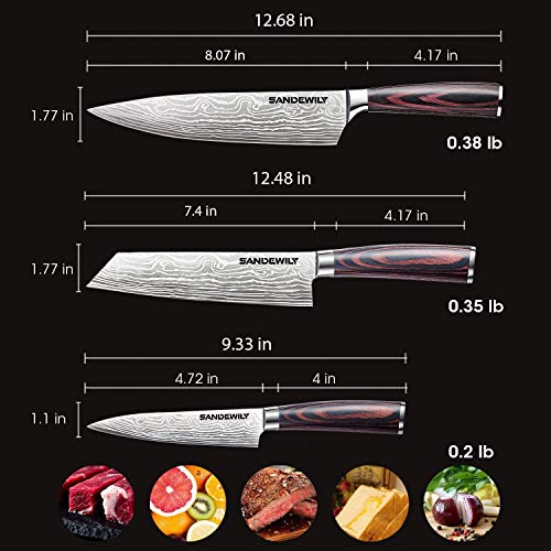 Professional Kitchen Knives High Carbon Stainless Steel Chef Knife Set,3PCS Ultra Sharp Japanese Knife with Sheath,Ergonomic Pakkawood Handle Elegant Gift Box for Home or Restaurant