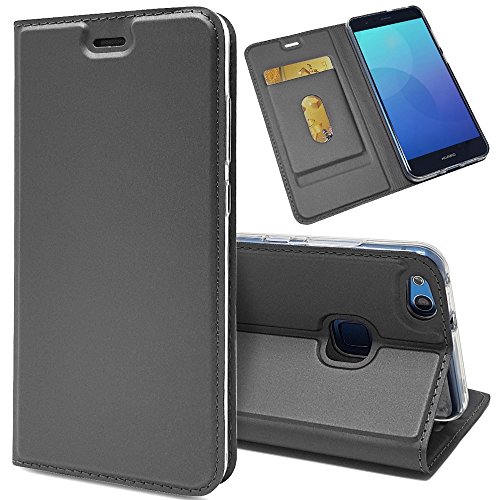 NALIA Flip Cover compatibile con Huawei P10 Lite, Custodia Sottile Verticale Case Protettiva Ecopelle magnetico, Similpelle Protezione Book-Case Telefono Cellulare Slim full-body, Colore:Nero Grigio