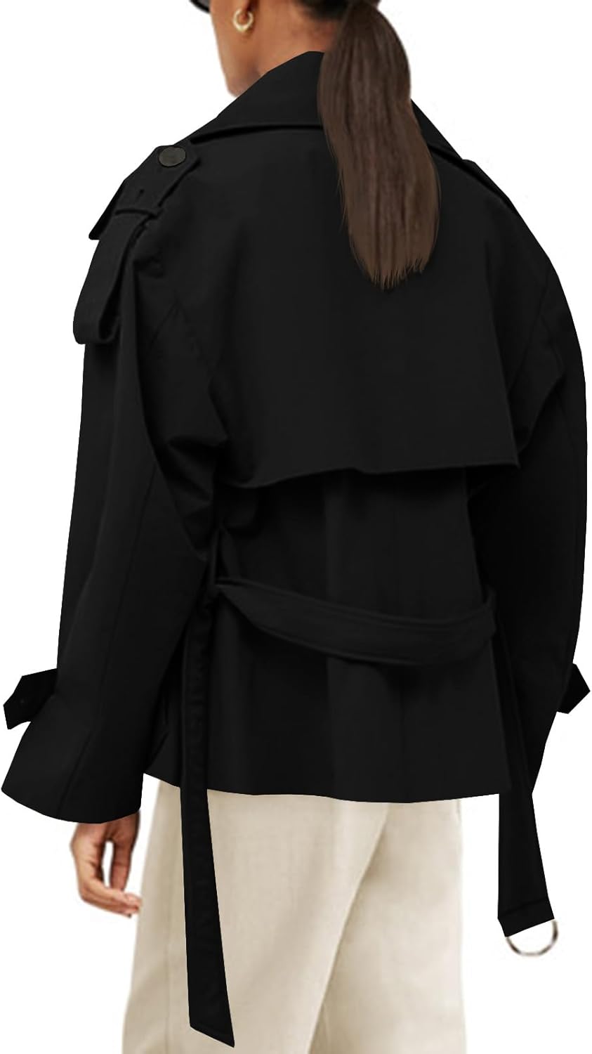 Tankaneo Womens Cropped Trench Coat Casual Double Breasted Short Jacket Fall Fashion Outerwear with Belt - Image 3