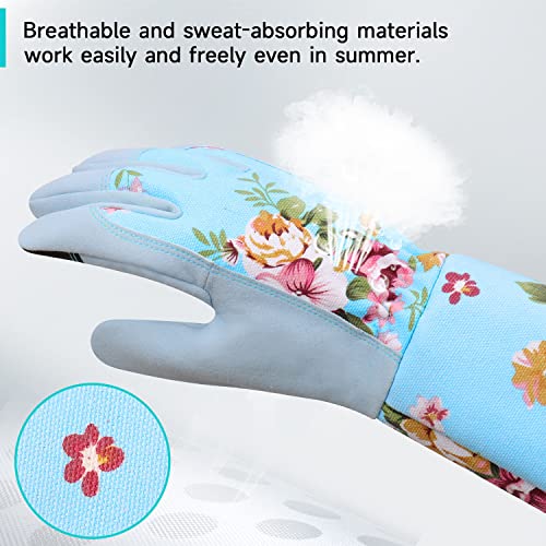 WANCHI Long Gardening Gloves for Women, Breathable Flexible Fit, Comfortable Durable Work Gloves for Planting, Weeding & Outdoor Yard Activities, Blue Medium