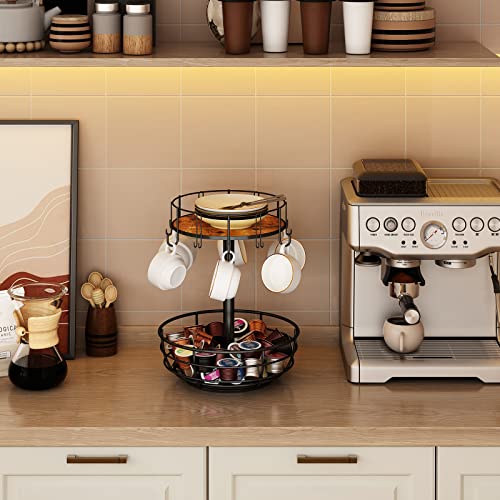 Wisdom Star Carousel Coffee Pod Holder Basket, K Cup Organizer For Counter, Coffee Cup Organizer With 12 Mug Hooks, Mug Tree With Storage Basket, For Coffee Bar, Black #TOP2