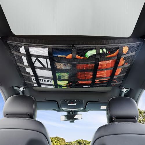 Car Ceiling Storage Net, 70×50cm Compact SUV Upgraded Double-Layer Roof Cargo Organizer, Strengthened Load-Bearing, Adjustable Design, Includes 2 Car Seat Headrest Hooks for SUV Travel & Camping
