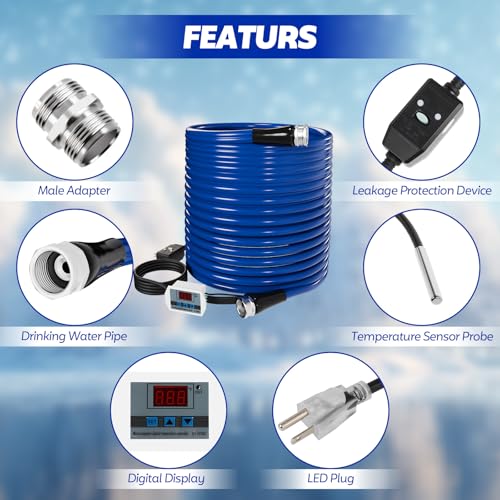 Image of 100 FT Heated Water Hose for RV, Heated RV Freshwater Hoses with Fittings, -45 ℉ Antifreeze Drinking Water Pipe, Automatic temperature shut-off for electrically heated Garden hoses, RV Accessories