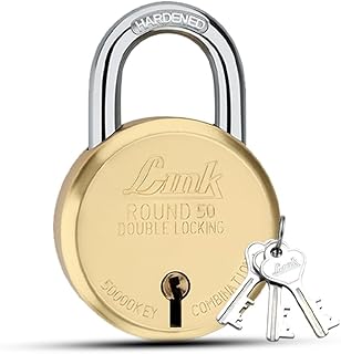 Link 50mm Round Brass Lock Brass Liver Double Locking Padlock with 3 Silver Keys for Home Door, Office, Shop Made in India