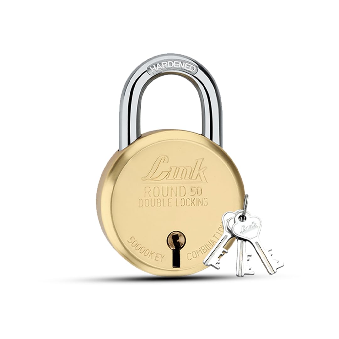 Link® 50mm Round Brass Lock | Brass Liver | Double Locking | | Padlock with 3 Silver Keys for Home Door, Office, Shop | Made in India