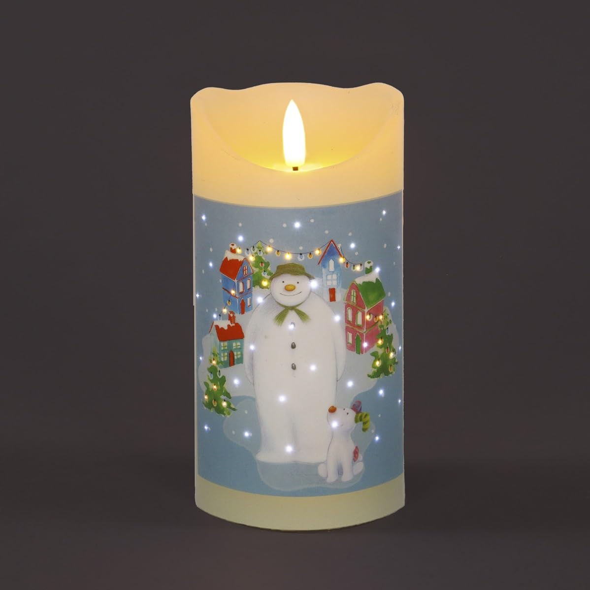 Snowtime Christmas Candle With Snowman And Snowdog Village Scene