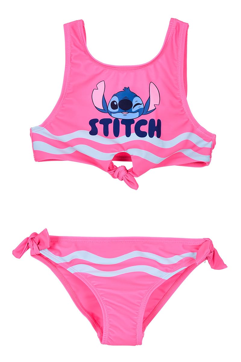 Disney Stitch Bikini para Niña, Diseño Lazos Bañador de Dos Piezas Verano Infantil, Tallas 6 a 12 Años