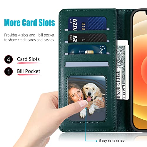Kuafcase Compatible for iPhone 12/12 Pro Case, 4 Card Slots Magnetic Closure Kickstand Shockproof Protective Phone Case Compatible for iPhone 12/12 Pro - Green