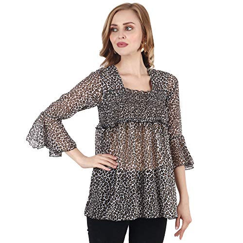Image of POPWINGS Printed Chiffon Peplum Tops for Women || 3 /4th Sleeves Square Neck Women Tops for Summer || Stylish Western Smocking Women Tops