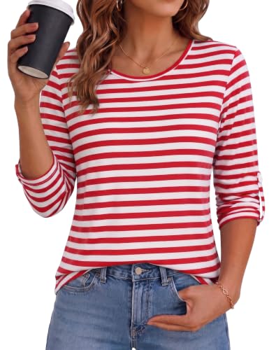 Crewhpo Top Femme Col Rond Manches Ajustables Rayé Finition Soignée Chic | Col Rond, Manches Réglables, Ligne Féminine, Pièce Facile, Garde Robe Quotidienne