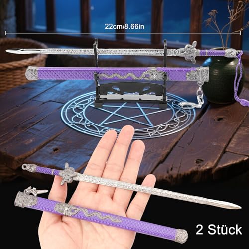 Antiker Brieföffner in Schwertform mit lila Scheide und Präsentationsständer – Schlüsselanhänger aus Metall im Stil chinesischer Jian-Waffen, Briefumschlagöffner, Geschenk für und Actionfiguren-Fans