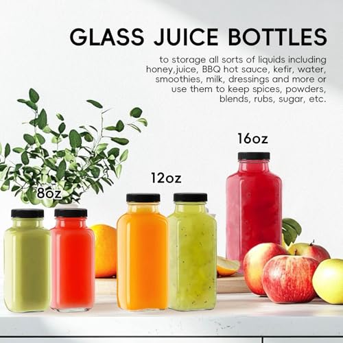 Yokodaza 16 oz Glass Juice Bottles with Lids 3-Pack - Large Reusable Glass Containers for Smoothie Meal Prep & Kombucha Brewing