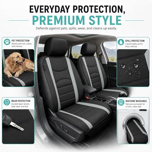 Image of FH Group Car Seat Covers Front Set Gray Black Faux Leather Car Seat Cushions - Car Seat Covers for Low Back Seat, Universal Fit, Automotive Seat Covers, Airbag Compatible for SUV, Sedan