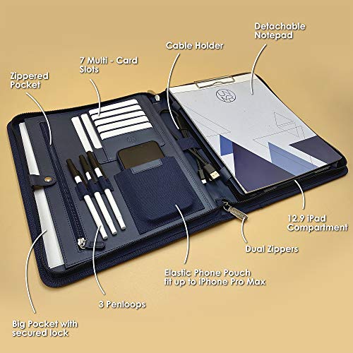 Unimira Grand Ipad 12.9 (2019-2022) Zippered Leather Portfolio Padfolio, Navy Blue, Business Case Organizer For Ipad 12.9, Letter Notepad Binder, Men And Women, Corporate Gift #TOP1