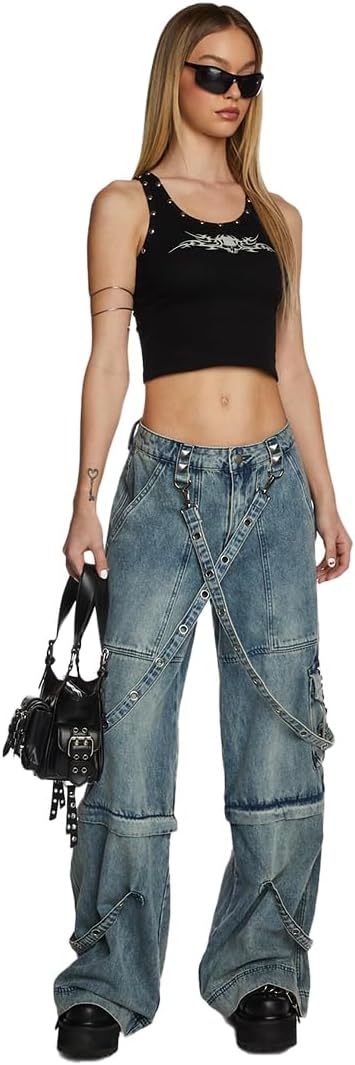 Dolls Kill Dual Delight Convertible Jeans by Current Mood – Washed Denim with Detachable Straps and Zip-Off Legs