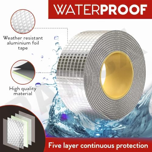 Image of PANCA Leakage Repair Waterproof Tape | Aluminium Foil Butyl Rubber Adhesive | Ideal for Pipe, Roof, and Surface Crack Sealing (2 Inch Medium), Silver
