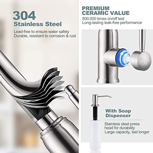 Stainless Steel Kitchen Faucet With Soap Dispenser, Wowow Brushed Nickel Kitchen Faucet For Sinks, High Arc Single Handle Kitchen Sink Faucet With Sprayer, Vintage Style #TOP4