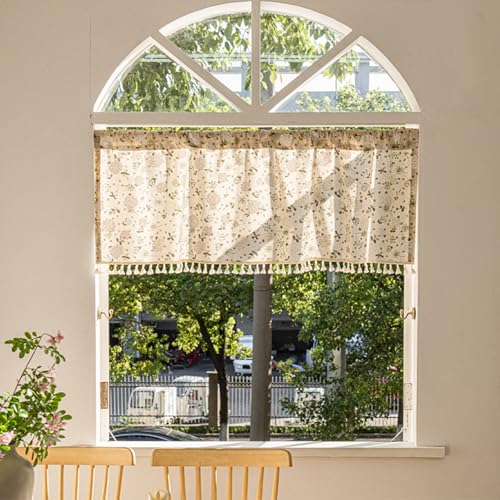 RoxNvm Cortinas Cocina Ventana, 148 x 46 cm Visillos Cortos para Ventanas, Motivo Botánico Cortinas Cortas, Bohemias Cortinas Rusticas, Cortinas de Bistró con Borlas, Bellamente Decorada (C)