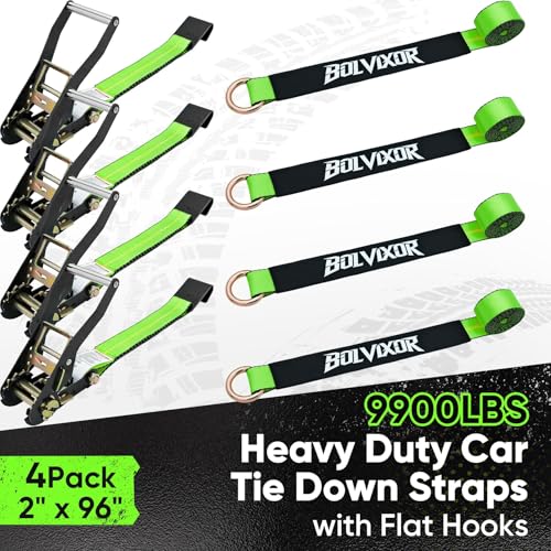 Bolvixor 4 Pack Car Tie Down Straps for Trailers - 2" x 96" - 9900LBS Break Strength - Heavy Duty Tire Ratchet Straps with Flat Hooks for Hauling UTV, SUV, Truck, Any Cars by Bolvixor - Image 2