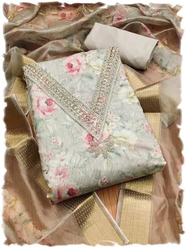 Image of Pandadi Saree Women's Organza with Handwork Embellishments Unstitched Salwar Suit Dress Material
