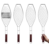4 x Fisch-Grillhalter Edelstahl groß mit Holzgriff VonBueren | 62,5 x 15,5 cm | Fischgrillgitter | Fischzange zum Grillen | Fischgriller | Grillkorb