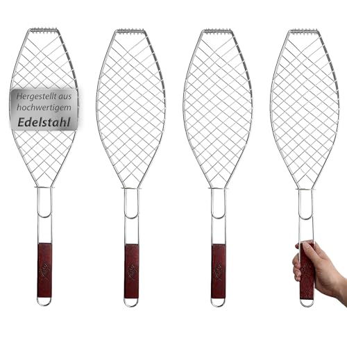 4 x Fisch-Grillhalter Edelstahl groß mit Holzgriff VonBueren | 62,5 x 15,5 cm | Fischgrillgitter | Fischzange zum Grillen | Fischgriller | Grillkorb