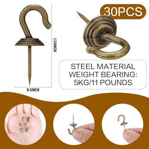 Image of Hotop 30 Pieces Push Pin Wall Hooks Metal Thumb Tack Hangers Iron Alloy Nail Decorative Picture Hooks for 20 Lbs Home Office School Party Supply (Bronze)