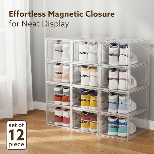 Image of AGARO Stackable Shoe Storage Box Organizer | Heavy Duty, Transparent, Plastic Sneaker Crates Container with Magnetic Door |Space Saving|Organizer for Men & Women| Fits up to Size UK 12 | Pack of 12
