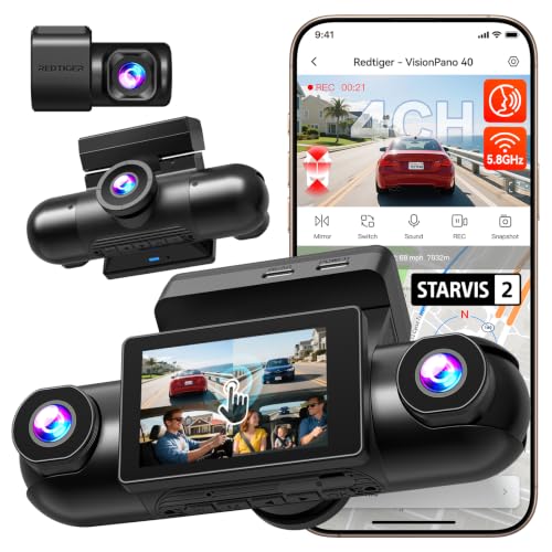 REDTIGER VP40 4 Channel 360° View Dash Cam, Dual STARVIS 2, 2.5K*2+1080P*2 Dashcam Front and Rear Inside Left Right, 5.8GHz WiFi, 8 IR Lights Night Vision, 4 Adjustable Lenses (No Card Included)