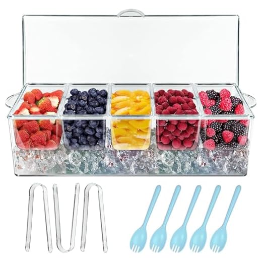 INNOVATIVE LIFE Bar Serving Tray on Ice with 5 Compartments Container, Fruit Trays for Serving for Party, Party Platters for Serving Food, Garnish Platters with Lid for Bar, Clear