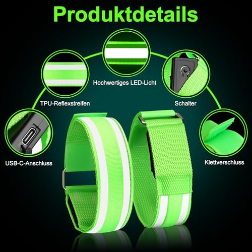 2 Stück Reflektorband, LED Armband Aufladbar, 3 Beleuchtungsmodi, leucht USB Armbänder Lichtband, Reflective Leucht Armbänder Leuchtarmband, Nacht Sicherheitslicht für Joggen, Radfahren, Hundewandern