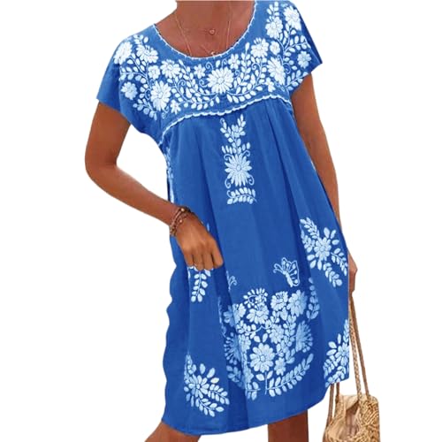 Melliflo Vestido mexicano para mulher, de manga curta, bordado floral, vestido de festa, vestido de linho solto, vestido camponês, azul, M