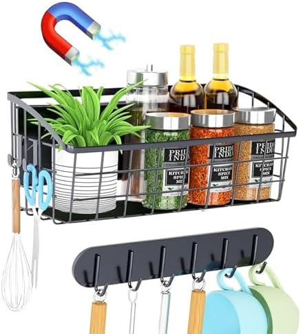 1Pack Magnetic Shelf for Refrigerator, with 2 Moveable Hooks and 1 Hook Rack, Magnetic Fridge Shelf, Fruit Potato Onion Storage Shelves, Large Magnetic Spice Rack Organizer for Fridge, Oven, Laundry