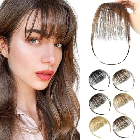 SHEDOWIG Clip In Bangs Real Human Hair Synthetic Hair Extensions with Temples Hairpiece Medium Standard Brown Cover