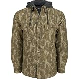 Drake Waterfowl Men's The Campfire Flannel Hoodie | Warm Full-Zip Outdoor Jacket Shirt |Collar with Attached Adjustable Hood, Mossy Oak Bottomland, X-Large