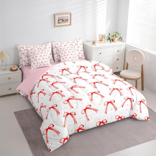 Juego de cama con lazo rojo y ropa de cama de 7 piezas Feelyou para niñas 3