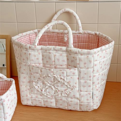 Image of Quilted Fabric Basket Foldable Car Storage Boho Floral Laundry Basket Hamper for Nursery Bedroom & Living Room | Organize Clothes Toys (Beige Floral)