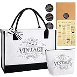 Crisky 60th Birthday Gifts for Women Canvas Tote Bag Vintage 1965 Beach Bag and Cosmetic Bag, Gift Card with Envelope & Stickers for Wife/Sister/Mom/Aunt/Friends