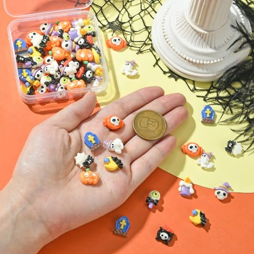 Stiesy 60 Pcs 10 Styles Halloween Theme Slime Charm No Hole Beads Resin Pumpkin Ghost Candy with Skull Spider Bat Nail Art Charm Flatback Cabochons Bulk for DIY Jewellery Craft Making - Image 4
