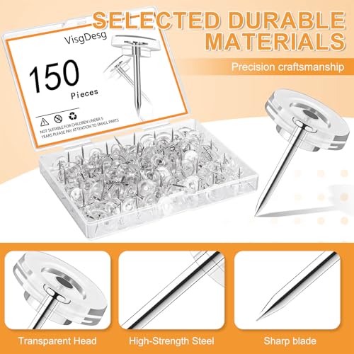 150Pcs Clear Push Pins Tacks, Thumb Tacks, Reusable Flat Head Thumbtacks for Bulletin Board, Maps, Posters, Wall Hanging, Craft Projects