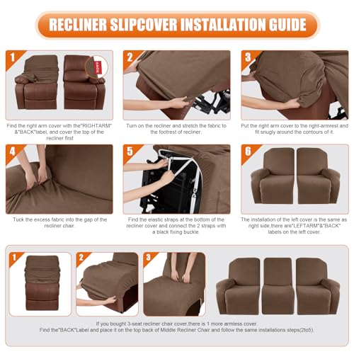 Image of VANSOFY Recliner Cover, 3-Pieces Stretch Reclining Couch Covers with Pockets Reclining Sofa Slipcovers 3 Seater Soft Washable Furniture Protector for Dogs Cats(Light Coffee)