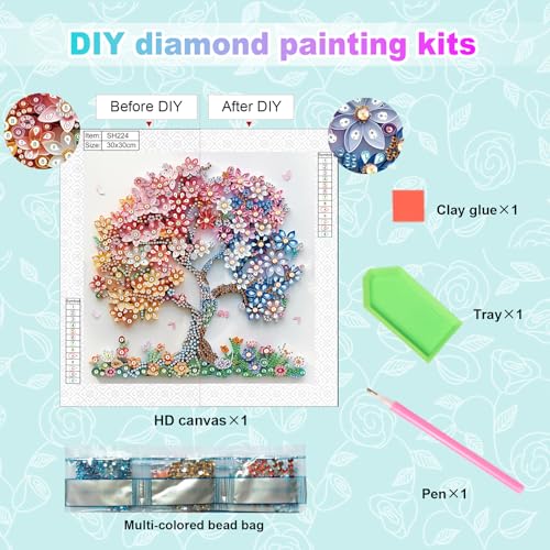 Image of AiYuanzsh Special Shape Diamond Art Kits for Adults, Blossom Tree 5D Crystal Diamond Art Rhinestone Canvas DIY Wall Decor, Sparkling Floral Diamond Painting for Beginners, 11.8 x 11.8 inch