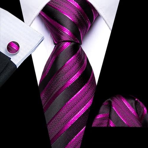 Image of Barry.Wang Tie Sets for Men Silk Stripe Necktie Woven Checkered Handkerchief Cufflinks Formal Business Wedding