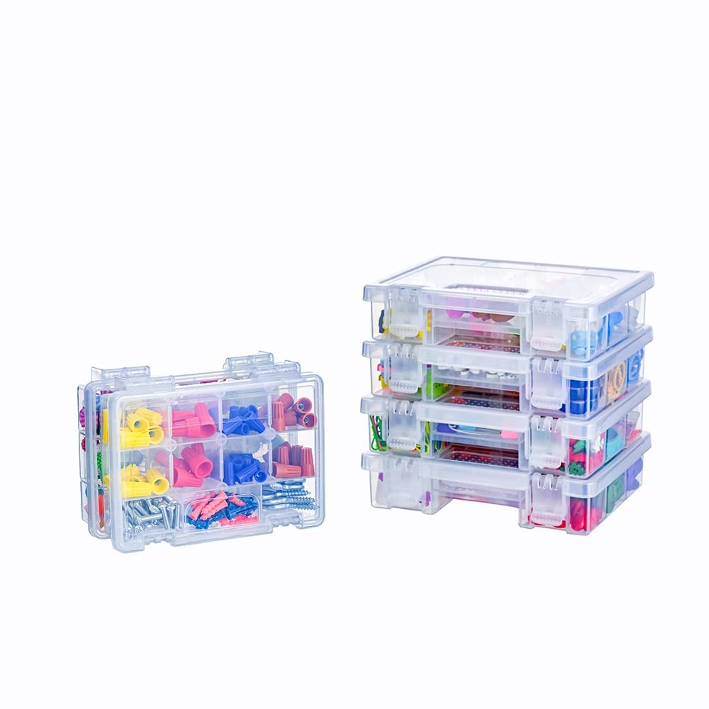 6 Pack Small Clear Plastic Storage Organizer Box with 8 Adjustable Dividers and 3 Fixed Sections, Stackable Carrying Case with Handle and Hinged Lid for Art, DIY Craft Supplies, Tackle