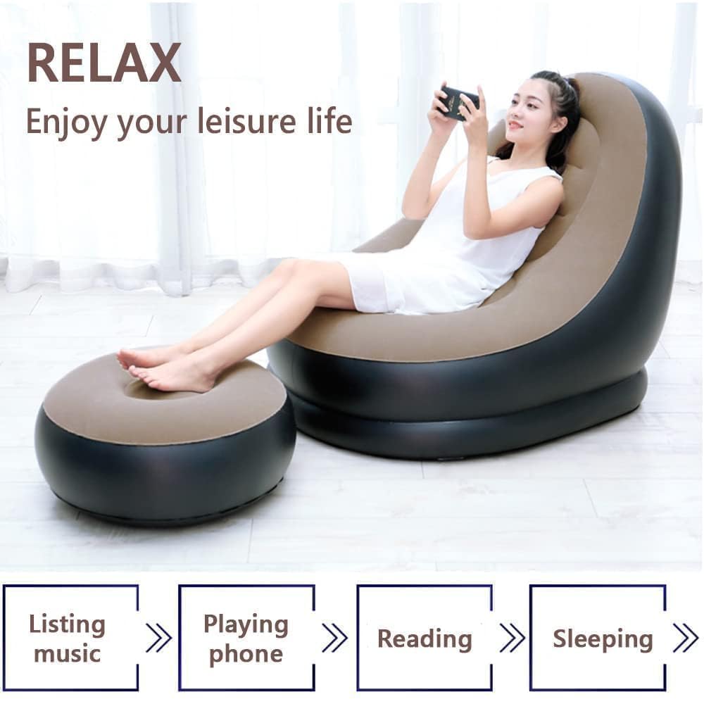 VELOCRATE Inflatable Leisure Sofa Chair with Footstool | 2-in-1 Outdoor Folding Lounger | Flocking Lazy Couch with Air Pump | Portable Recliner for Home, Garden, Camping & Travel 4