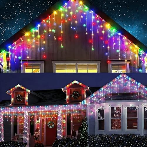Decoração para Nata: 7 Metros de Cascata Multicolor com 163 Lampadas Led Pisca Natal com Fonte de Energia Luz Solar. (Colorido)