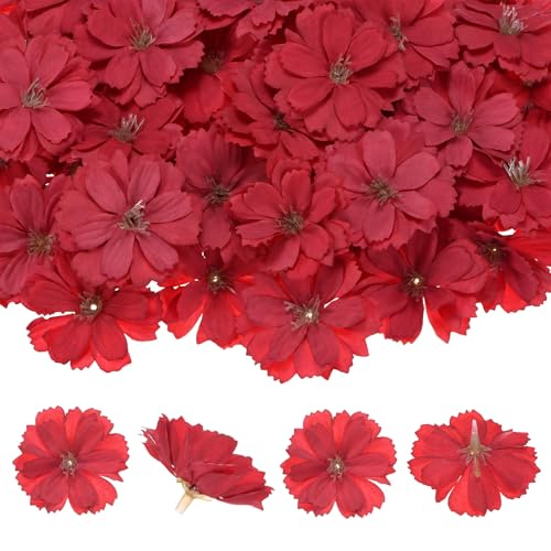 M METERXITY 100-Pack Artificial Flower Heads, Silk Fake Plum Blossom Head for Wedding/Garland/Hat/Shoes/Party Decoration, Faux Bulk Flower Petals [1.97 Inch, Red]