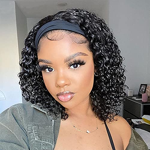 ZILING Curly Headband Wig Human Hair Glueless Headband Wigs for Black Women Curly None Lace Front Wigs with Headband Attached Machine Made Half Wig Natural Color 10 Inch