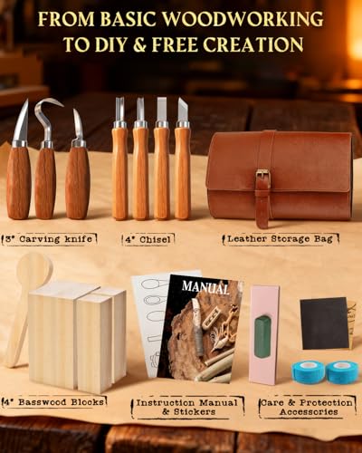 image for Bluvizo Wood Carving Kit Whittling Kit: Deluxe Wood Carving Tools Knif