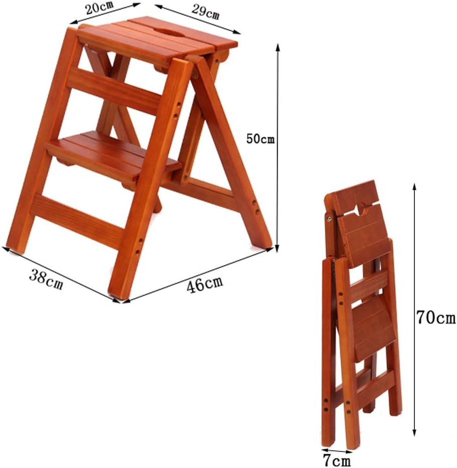 Household 2 Step Ladder Stool Folding Stairs Chair Thickening Solid Wood Stepladders Flower Stand Rack for Kitchen Office,Max Load 150kg (Color: Light Brown)